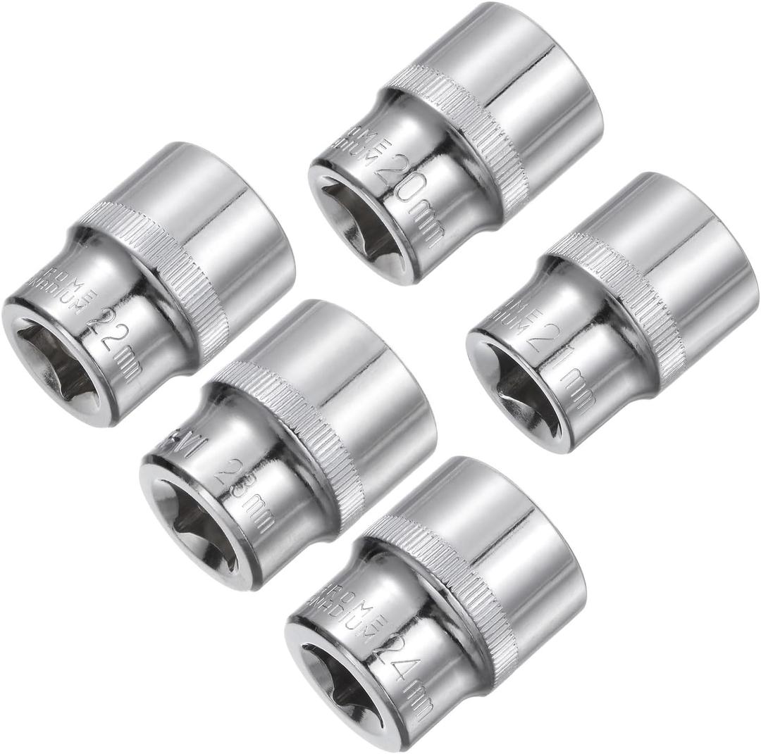 uxcell 6-Point Shallow Socket, 1/2" Drive 20mm 21mm 22mm 23mm 24mm Shallow Socket Cr-V Metric Socket for DIY Hand-Making Repair Automotive
