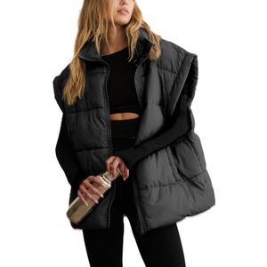 APAFES Women Winter Oversized Puffer Vest Lightweight Stand Collar Flysleeve Insulated Padded Puffy Jackets Coat with Pockets (Small, Black)