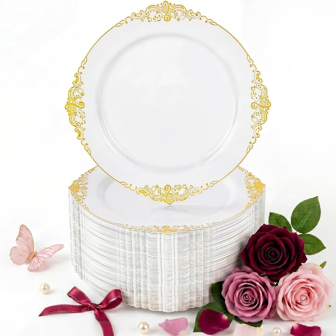 Nervure 100Pcs White and Gold Plastic Plates - 7.5inch Gold Disposable Plates - Heavyweight Plastic Dessert Plate for Wedding & Party & Mother's Day