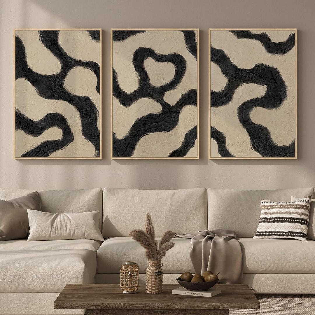 Framed Neutral Abstract Wall Art for Living Room, 3 Piece Black and Beige Mid Century Modern Painting Print, Large Line Canvas Artwork for Dining Room Bedroom Hallway Office Walls Decor, 24x36 Inch, 24" W x 36" H x 3Pcs