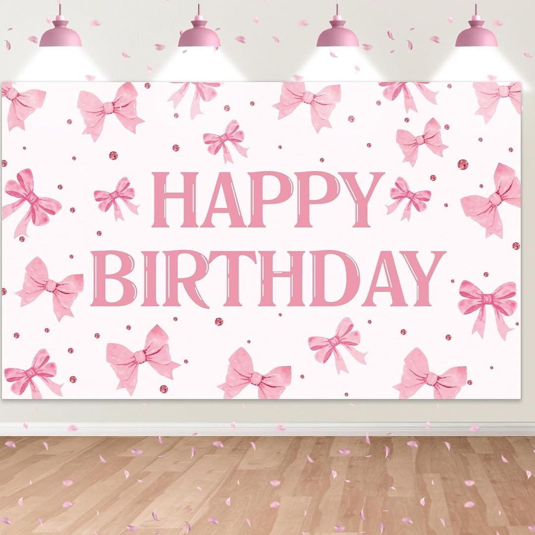 Pink Bow Birthday Backdrop,Bow Happy Birthday Banner Decorations for Girls Women Party Decor