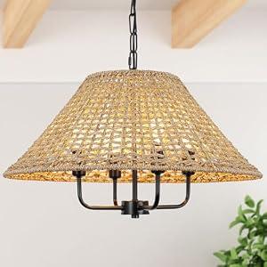 LamQee 22 Inch Rattan Farmhouse Chandelier, 4-Lights Boho Large Pendant Light with Cone Seagrass Shade, Rustic Hand Woven Hanging Lighting Fixture for Dining Room, Kitchen Island, Entryway, Foyer