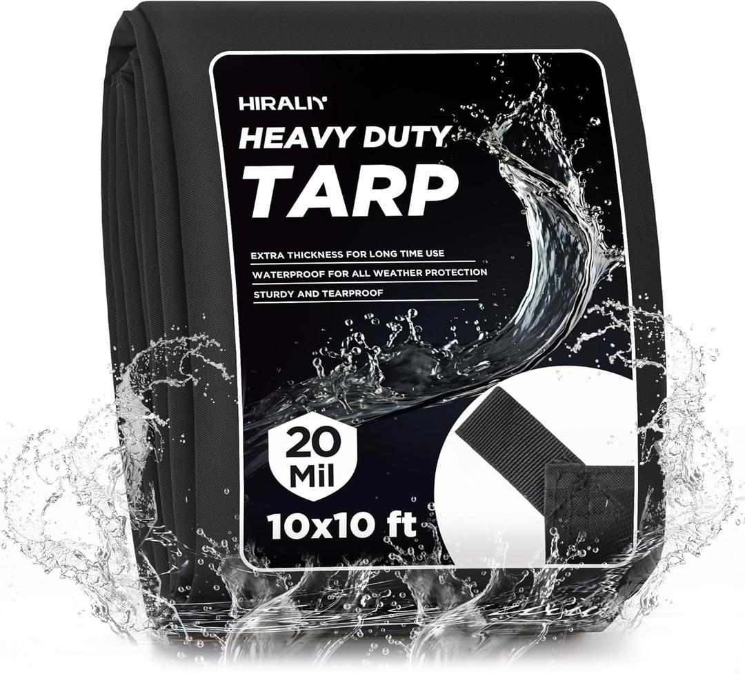 HIRALIY 20 Mil Heavy Duty Waterproof Tarp, 10x10ft Black Tarpaulin with Reinforced Webbing Loops, Multipurpose Oxford Fabric Tarp for Firewood, Roof, Camping, Pool
