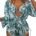 COZYEASE Women's 2025 Summer 3 Piece Swimsuits Tropical Print Bikini Set Halter Drawstring Bathing Suits with Cover Up (Large, Green)