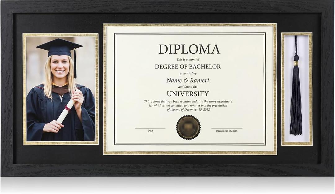 Briwooody 11x22 Diploma Frame with Tassel Holder for 8.5x11 Certificate and 5x7 Photo with Black over Gold Mat, High Definition Glass with Gold Beads