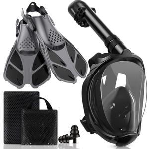 Mask Fins Snorkeling Gear for Adults, Full Face Snorkel Mask & Adjustable Swim Fins Snorkel Set, Panoramic View Snorkel Mask Dry Top Anti-Fog Anti-Leak (Black)