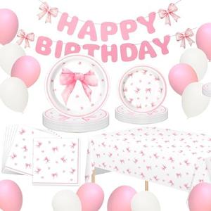Pack Of 2 Zhehao 66 Pcs Coquette Pink Bow Birthday Party Supplies Include 7" 9" Pink Bow Paper Plates and Napkins Sets Happy Birthday Banner Tablecloth for Coquette Party, Serves 16 Guests