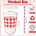 50 Set 16 oz Red U-gingham Gingham Cups Plastic Party Checkered Cups Red Plaid Drinking Cup Disposable Gingham Cup with Lids and Paper Straws for BBQ Wedding Birthday Pizza Party Supplies