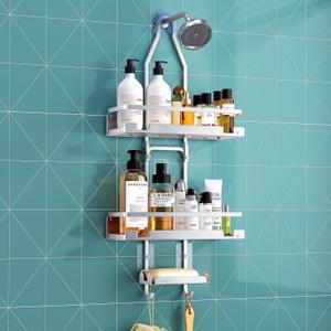 Kitstorack Aluminum Shower Caddy Hanging: Bathroom Shower Organizer Never Rust Over the Shower Head Caddy - Non-slip Shower Storage with Hooks & Soap Dish, Silver