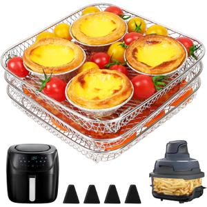 BYKITCHEN 7 Inch Air Fryer Rack Fit for Ninja Crispi/Ninja Pro 5QT/ Cosori 5QT/ Chefman 5-6QT Airfryer &More, Air Fryer Accessories, 3pcs Stackable Stainless Steel Airfryer Basket with Silicon Feet