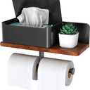 Toilet Paper Holder with Shelf Double Roll Toilet Tissue Holder with Wipes Dispenser for Bathroom, Metal and Solid Wood Tissue Paper Roll Wall Mount Storage Aromatherapy, Phone Shelf, Black