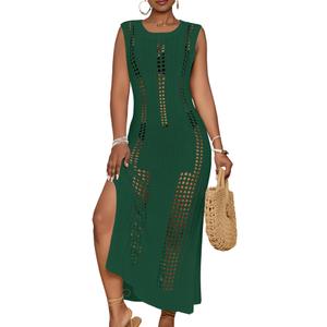Bsubseach Crochet Beach Cover Ups for Women Sleeveles Swimsuit Coverups Hollow Out Summer Knit Bikini Beachwear Deep Green XL