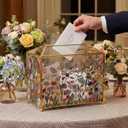 Patelai Floral Stained Glass Wedding Glass Card Box with Slot Wedding Envelope Holder for Reception, Gold Clear Card Box with Lock Decorative Baby Shower Birthday Party Bridal Shower (10.43 x 5.9 x 8.46 Inches)