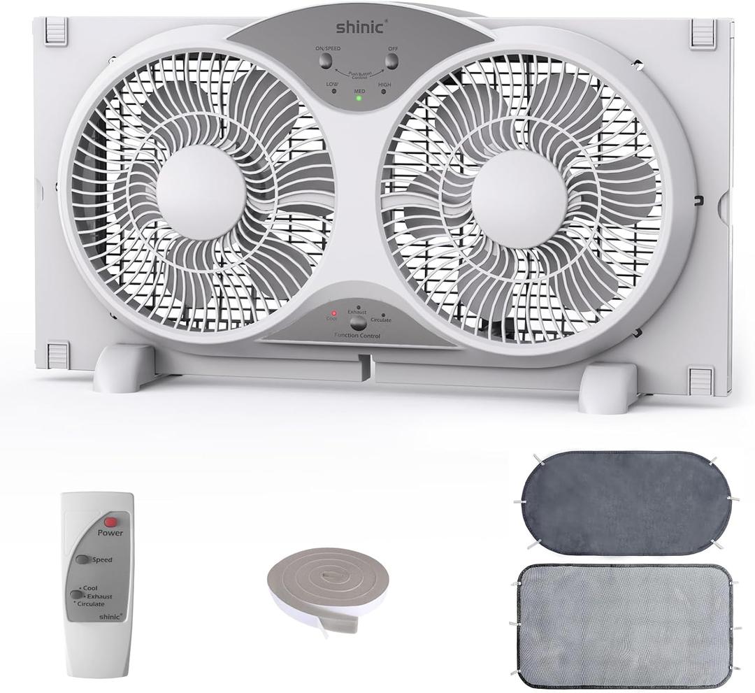 shinic 2026 9 Inch Twin Window Fan Quiet, Reversible Airflow, 3 Speeds, Adjustable Width 23.5"-37", ETL Certified for Bathroom/Kitchen