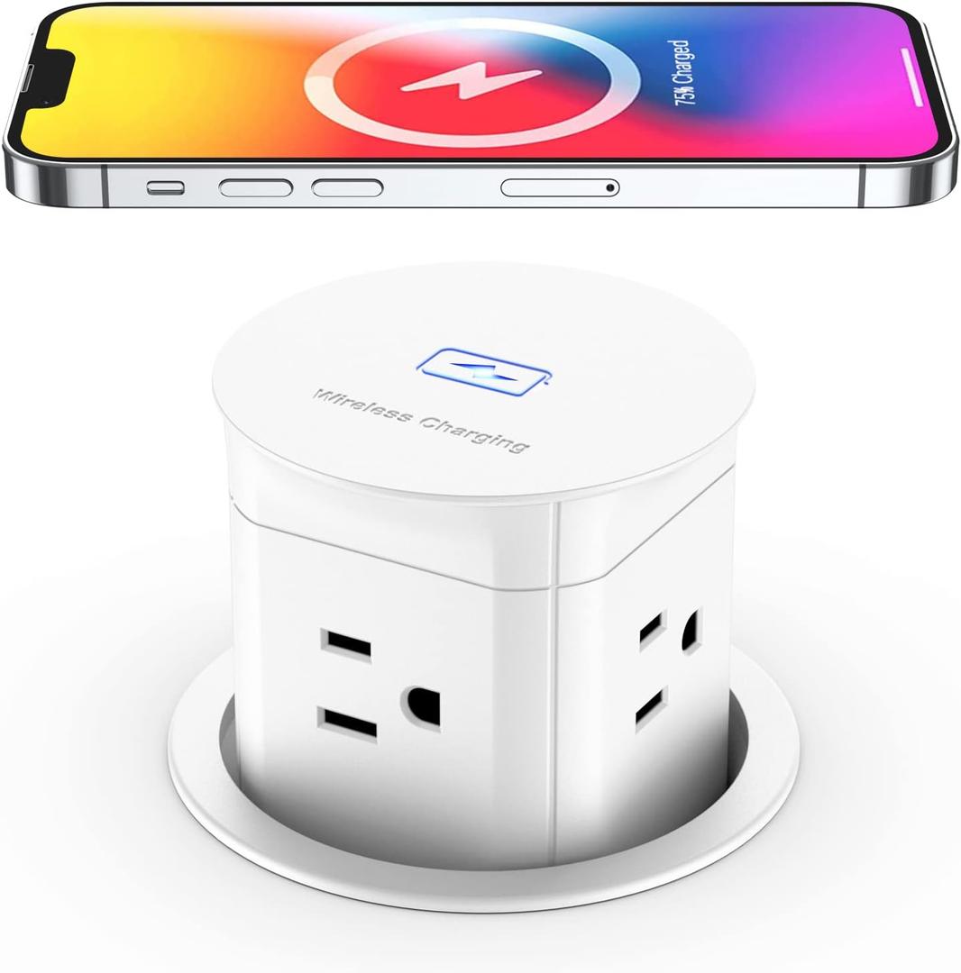 Jgstkcity Pop Up Outlet with 15W Wireless Charger,4 Outlets 15A, Splash Resistant,3 inch Desk Hole Power Grommet,Space Saver Outlet for Kitchen Countertop,Office Conference Table,ETL Listed (White)
