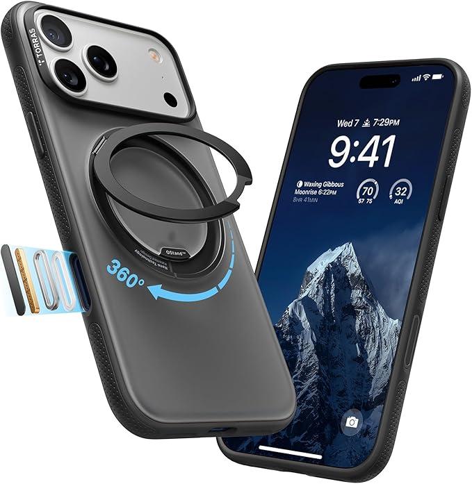 TORRAS Upgraded 360 Magnetic Stand for iPhone 17 Pro Max Case with Camera Control Button, Fit for MagSafe with Ring, MilGrade Protection, Translucent Slim for iPhone 17 ProMax Case Ostand, Black