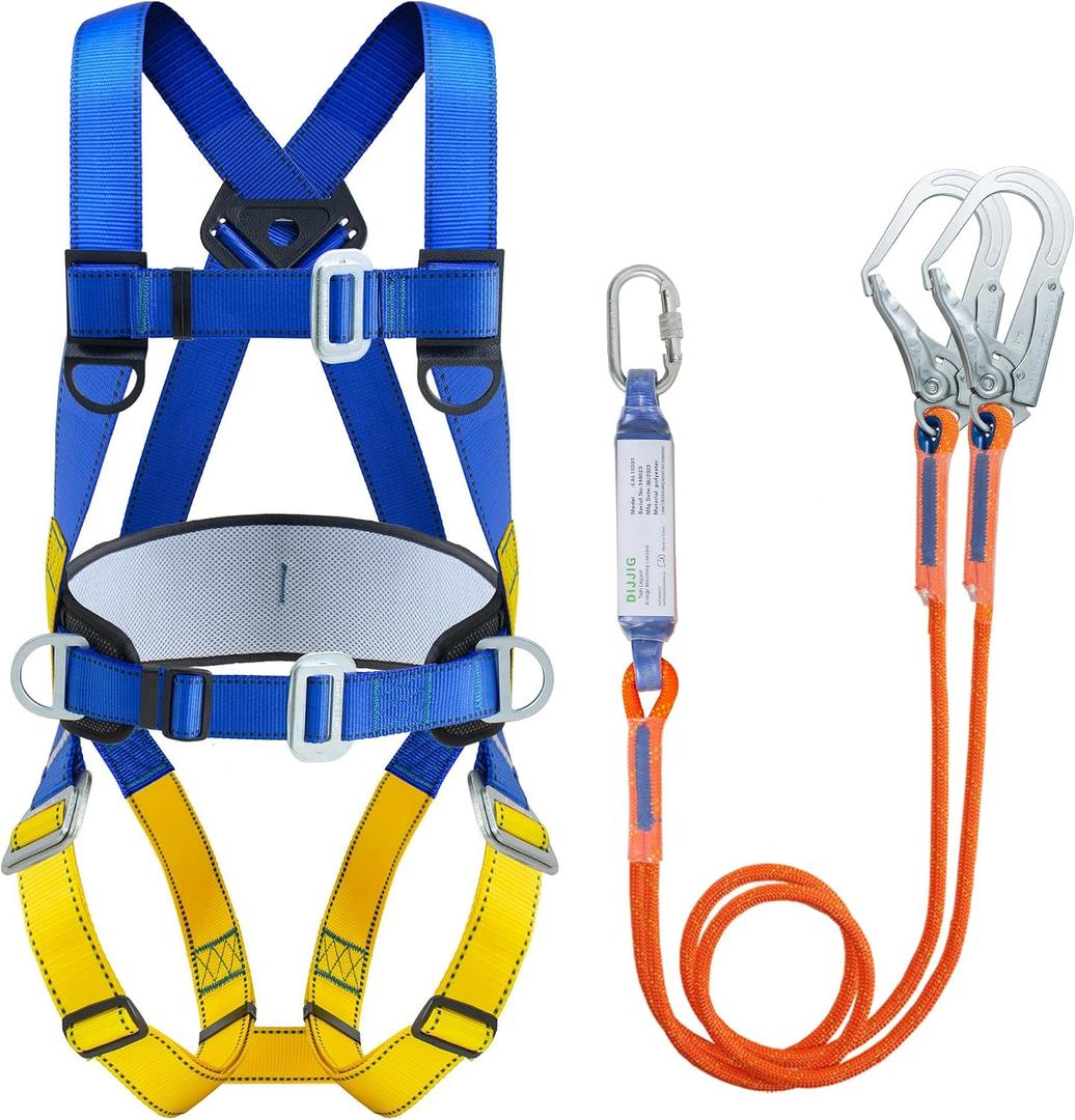 DIJJIG Universal Full Body Fall Protection Safety Harness with Dorsal D-Ring and Mating Buckle Legsroofing harness construction harness ANSI/ASSP Compliant,internal Shock Absorbing landyard&Hook