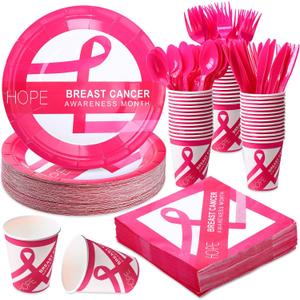 Vesici 300 Pcs Breast Cancer Awareness Party Supplies Pink Ribbon Disposable Paper Plates Napkins and Cups & Cutlery Tableware Set for 50 Guests Breast Cancer Birthday Campaign Party Decorations