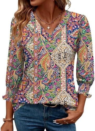 Rapbin 3/4 Length Sleeve Womens Tops Summer Trendy Puff-Sleeve V-Neck Blouses Dressy Casual Textured Smocked T-Shirt 2XL