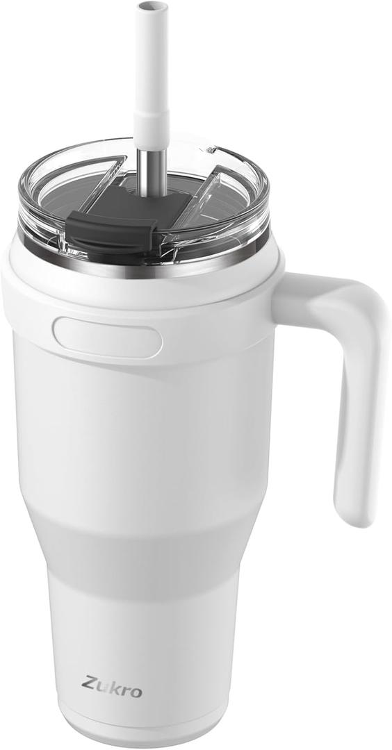 Zukro 40 oz Tumbler with Handle and Wide Straw, No Sweat Triple-Wall Insulated Stainless Steel Cup with Screw on 2-in-1 Lid, Keeps Cold 24 Hours, 100% Leak Proof, Dishwasher Safe - White