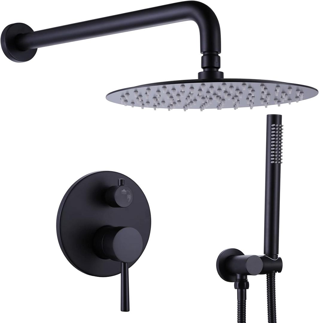 RBROHANT Matte Black Rain Shower System, Wall Mounted 10 Inches Round High Pressure Rainfall Shower Head with Handheld Shower Faucet Set, Solid Brass Rough-in Valve Included, RCS81005MB