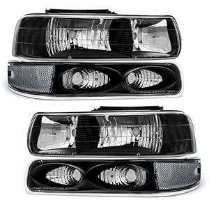 AXLAHA Headlight Assembly for 1999-2002 Chevy Silverado | 2000-2006 Tahoe Suburban Black Housing Clear Reflector Headlamp with Bumper Lights