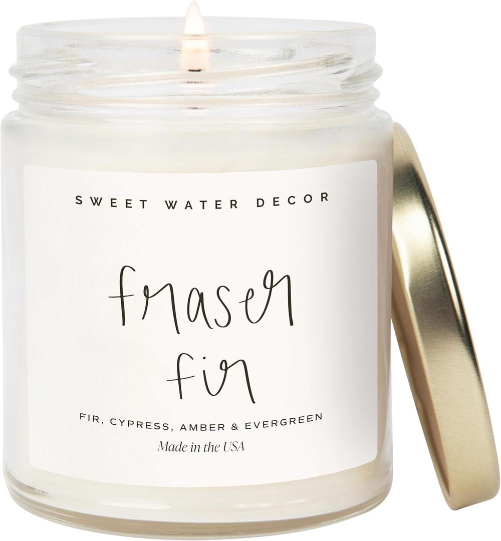 Sweet Water Decor Fraser Fir Candle - Evergreen, Cedar, Winter Holiday Scented Soy Christmas Candles for Home - 9oz Clear Jar, 40 Hour Burn Time, Made in The USA (Script Label)