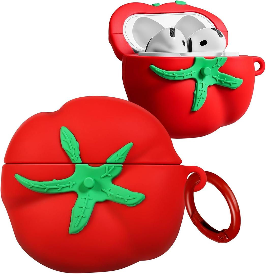 Joyleop for Airpods 4 Case - for Women Girl Girly Kids Cute Funny Unique Kawaii 3D Cartoon Tomato Design Soft Silicone Protective Case for Airpods 4th Gerneration 2024 Cover with Keychian