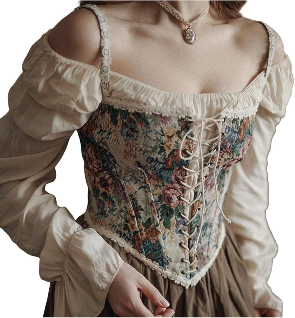 Women Vintage Floral Print Vest Sexy Bodycon Boat Neck Jacquard Camisole Flounce Irregular Suspender Corset (Medium, Colorful)