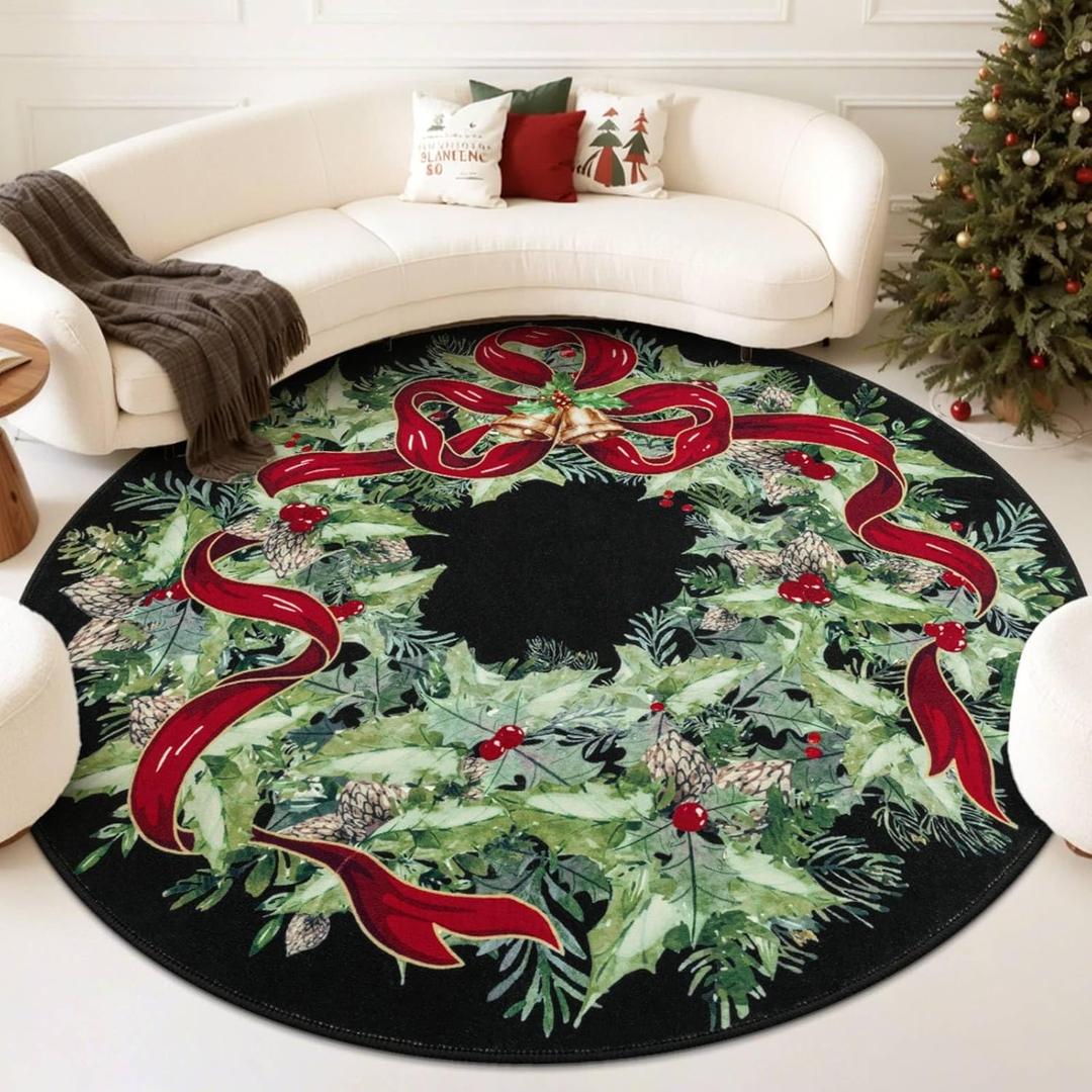 U'Artlines Christmas Washable Round Area Rug 6ft Bell Leaves Laundry Rug Runner Non Slip Soft Throw Rugs Carpet for Entryway Living Room Bedroom Black