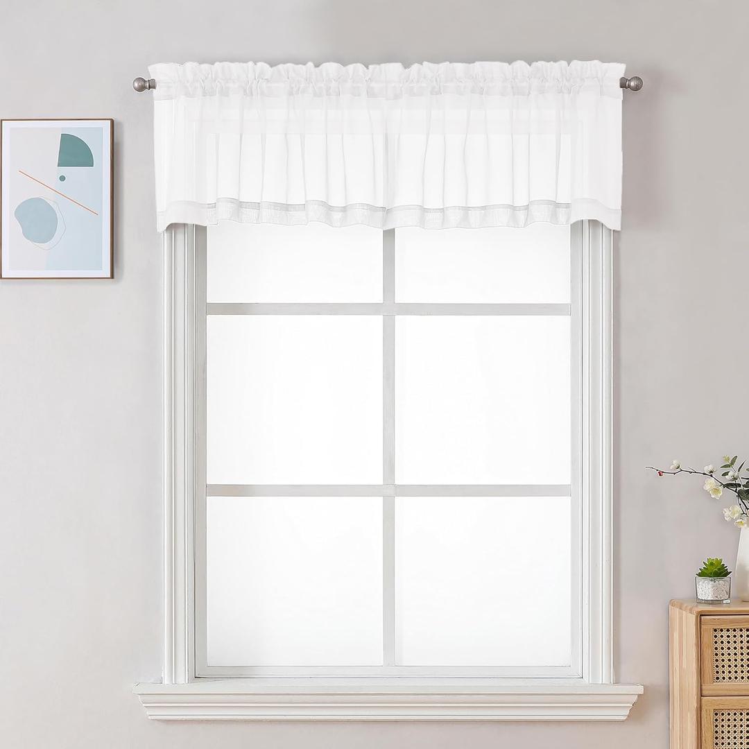 Chyhomenyc Sheer White Valances for Windows 2 Pack, Small Window Curtains for Living Room Bathroom Cafe Laundry Basement, Modern Top Dual Rod Pocket Voile Curtain, 42W x 18L inches, White