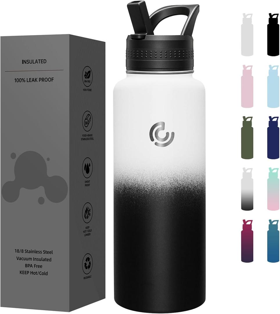 COKTIK 40oz Sports Water Bottle, Stainless Steel Water Bottle for Insulated, Reusable Travel Bottle, With Straw, With Handle Grip for Easy Carrying, Suitable for Cycling, Outdoor Vacations(Day&Night)
