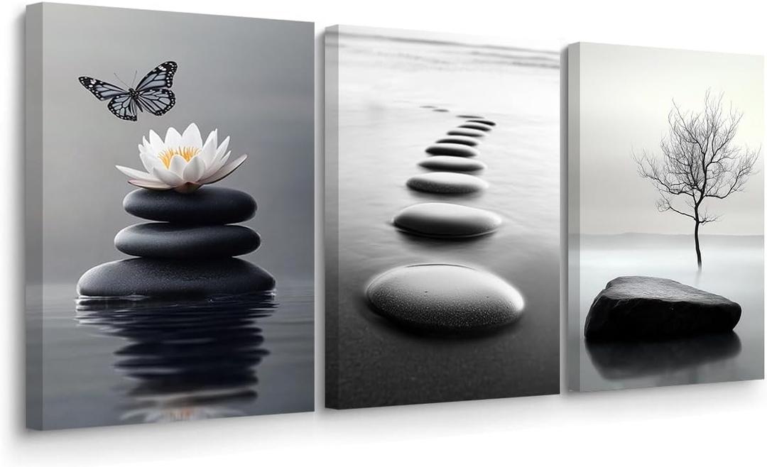 BJYCHG Black and White Zen Wall Art 3 Pieces Stones in Water Picture Canvas Print for Bathroom Spa Stone Painting Yoga Meditation Room Decor Framed (Black, 16x24inchx3 Pieces)