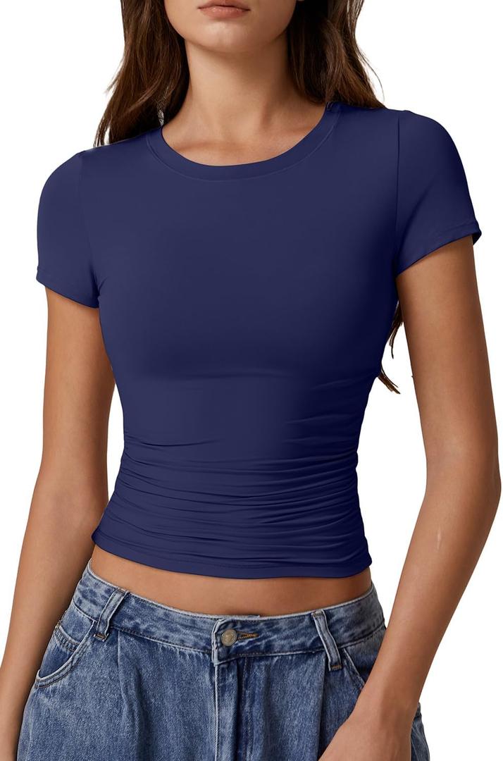 QINSEN Short Sleeve Shirts for Women Round Neck Basic Double Lined Tees Fitted Y2k Crop Tops (X-Large, Estate Blue)