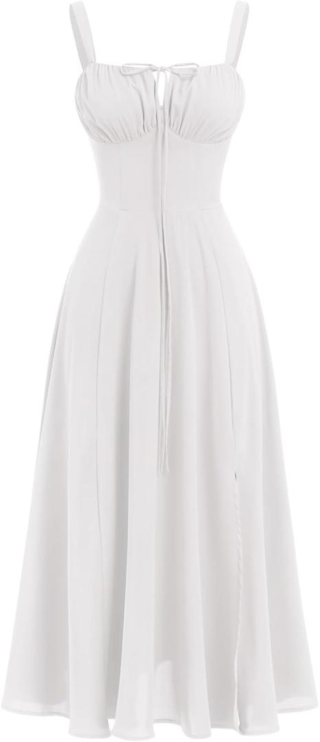 Women's Floral Corset Dress Formal Cocktail Dresses Going Out Casual Sundress Split Thigh Spaghetti Strap Vintage Dress (White), Large
