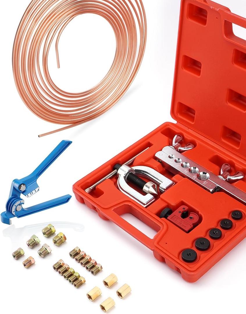 25 ft 3/16" Copper Coated Brake Line Kit +Tube Bender (Includes 16 Fittings and 4 Unions Brake Line Fittings) + Brake Line Double & Single Flaring Tool Kit