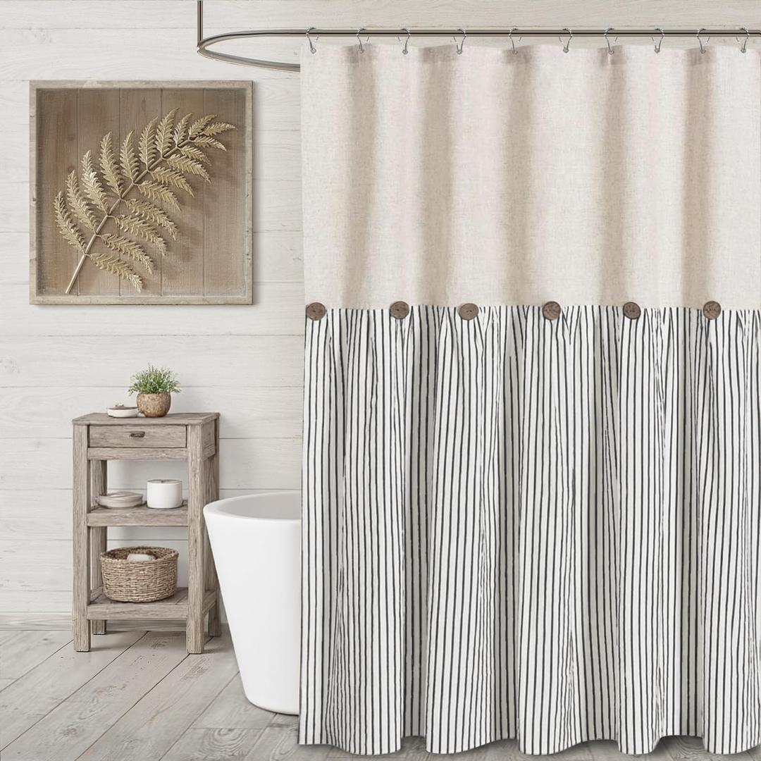 Farmhouse Shower Curtain Linen Button Woven Fabric Country Rustic Western, Pleated Black Stripe 72" W x 72" L