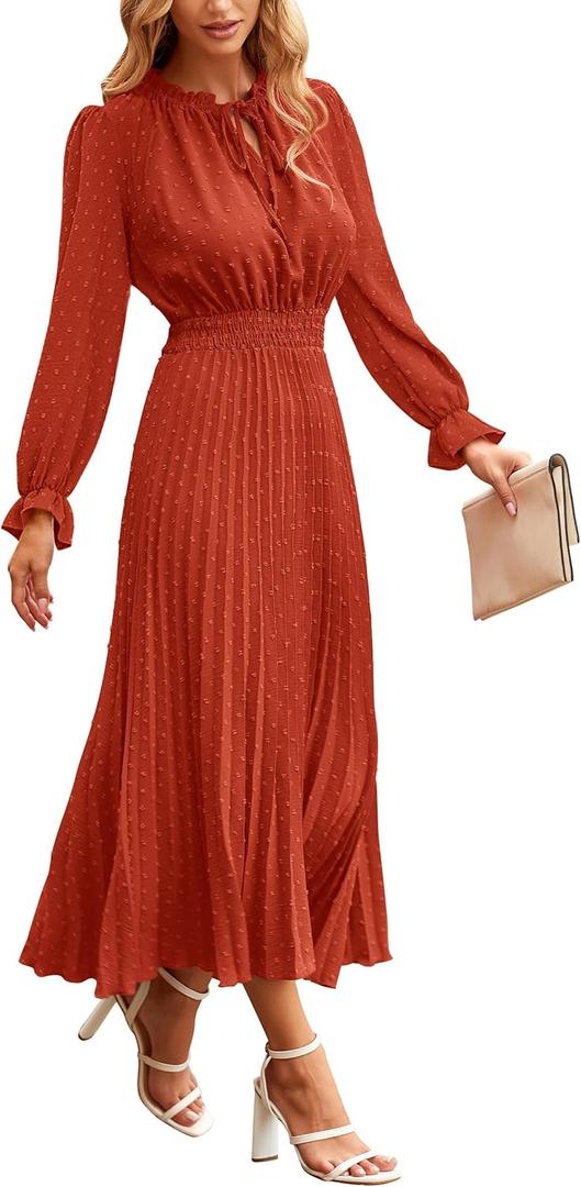 PRETTYGARDEN Women's 2025 Spring Fall Midi Dress Casual Long Sleeve V Neck Swiss Dot Pleated A Line Flowy Dresses (Brick Red), 