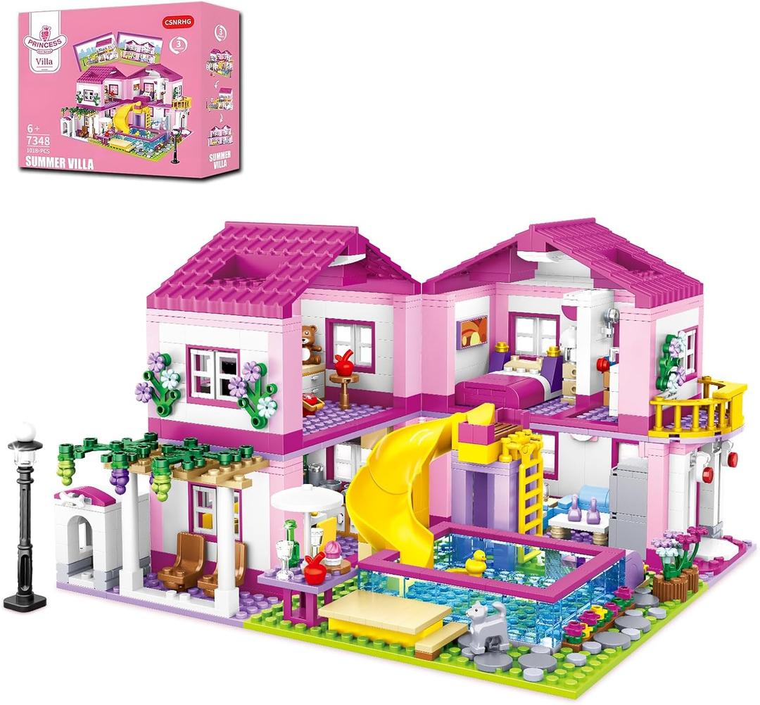 Pink Summer Pool Villa Building Block Set Friends Construction Educational Toy 1018 Pieces Gifts for Girls Teens Kids Adults Ages 6+
