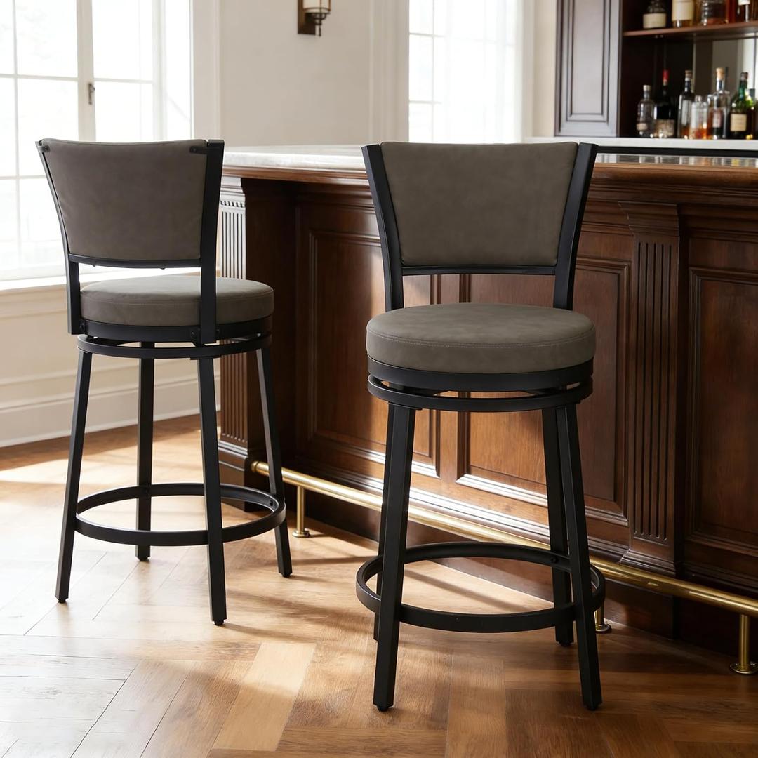 Swivel Bar Stools Set of 2, 25 inch Counter Height Barstools, Modern Metal Swivel Bar Chairs with Backrest, Faux Leather Upholstered Counter Height Chairs for Kitchen Island, Grey