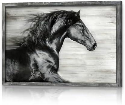 Running Horse Wall Art Framed - Black White Wildlife Prints Wild Animal Portrait Picture Painting Wooden Artwork Decor for Living Room (36L" x 24W")