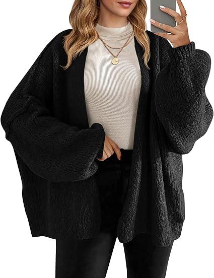 Womens Oversized Cardigan Ribbed Chunky Knit Long Lantern Sleeve Open Front Fall Sweater Coats, S