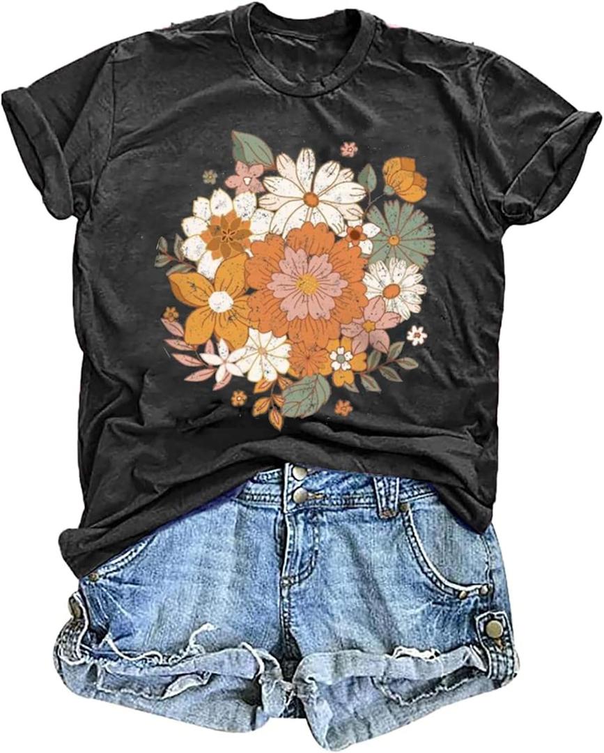 Women's Vintage Floral T Shirt Boho Wildflower Graphic Loose Tees Short Sleeve Casual Tops (Medium, A1-dark Grey 2)