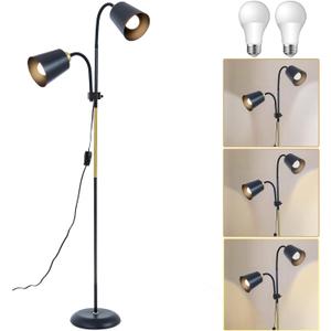 Floor Reading Lamp, Industrial Metal Floor Lamps for Living Room with Adjustable Bendable, 2 in 1 Reading Table Lamps for Living Room Bedroom Office, 12W Bulb Included (Black-2 Heads)