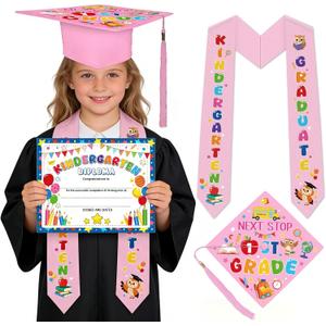 Kindergarten Graduation Sash and Diploma, Kindergarten Pink Stole Certificates and DIY Graduation Cap Set, Colorful Congrats Grad Gifts for Kinder Graduates