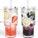 17oz Glass Tumbler with Handle & Lid 2-Pack Iced Coffee Cups with Straws, Glass Mug for Cold & Hot Beverages Travel Cup for Smoothies, Tea, and Juice (clear-Glacial pattern-2pack)