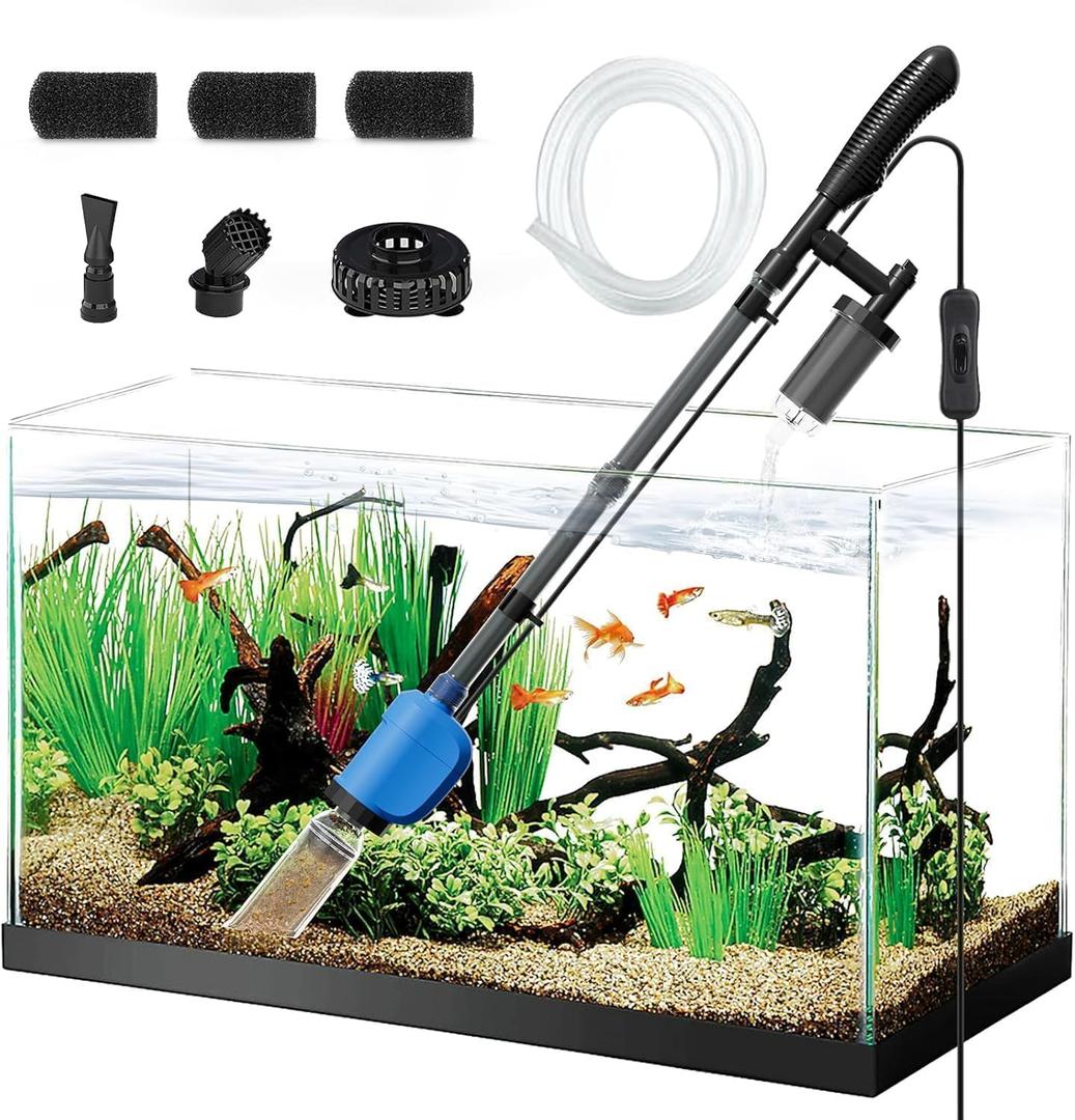 6-in-1 Electric Aquarium Gravel Cleaner, 530GPH Fish Tank Vacuum with Water Changer & Sand Washer, Quiet 32W Pump, Telescopic Pole for Freshwater & Saltwater Tanks (Blue)