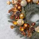 YULETIME 20-inch Christmas Wreath, Battery Operated Holiday Wreath with 20 Fairy Lights, Golden Baubles & Berries, Pine Cones, Golden Leaves, Frosted Spruce Branches and Pine Needles (Gold)