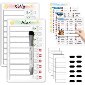 Upgraded Slider Dry Erase Chore Chart for Kids, Whiteboard Magnetic Chore Chart for 2 Kids, Reusable Morning/Bedtime Routine Chart for Kid Toddlers Teens Adult, Visual Schedule for Kid with Autism