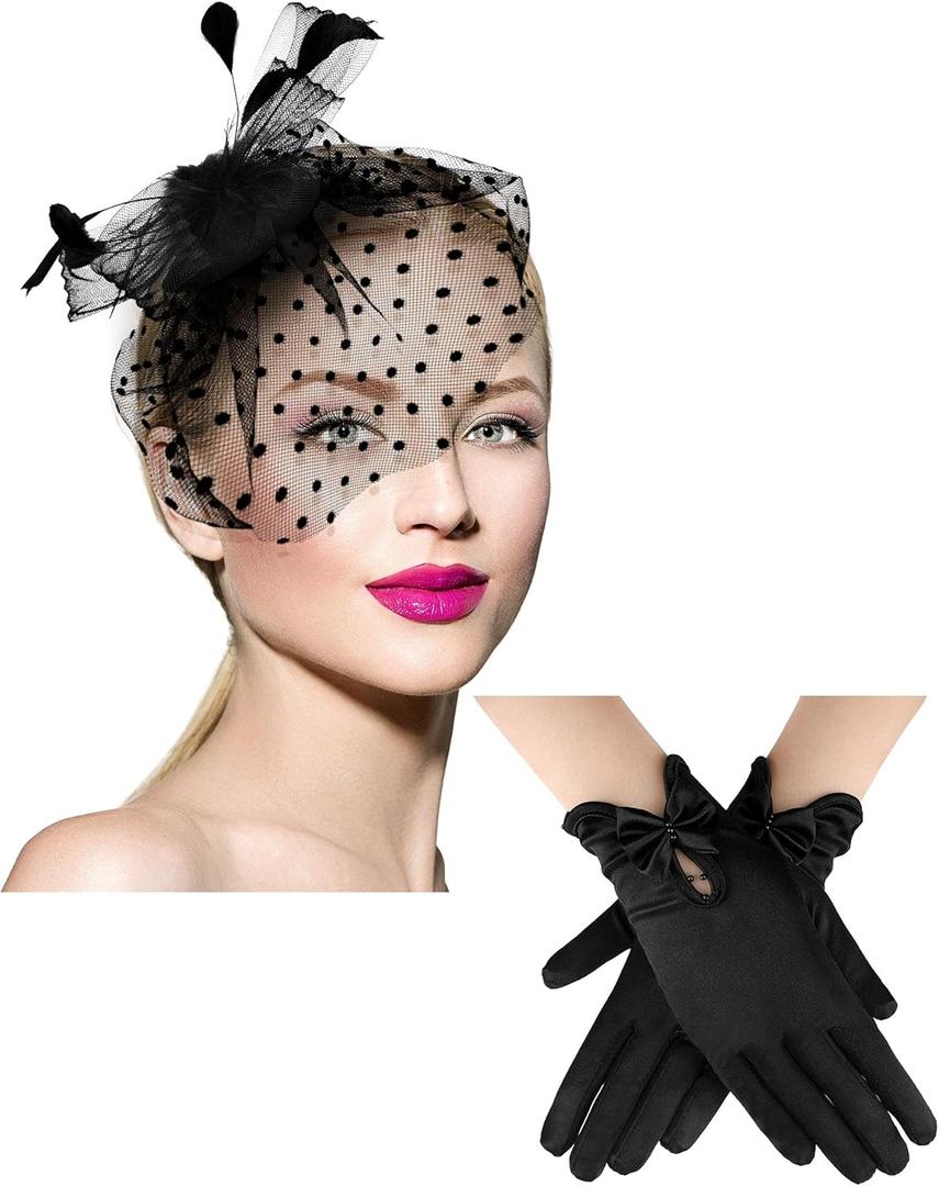 Geyoga 50s Fascinator Hat for Women Funeral Veil Hat Pillbox Cocktail Tea Party Headpiece and Lace Glove (Black)